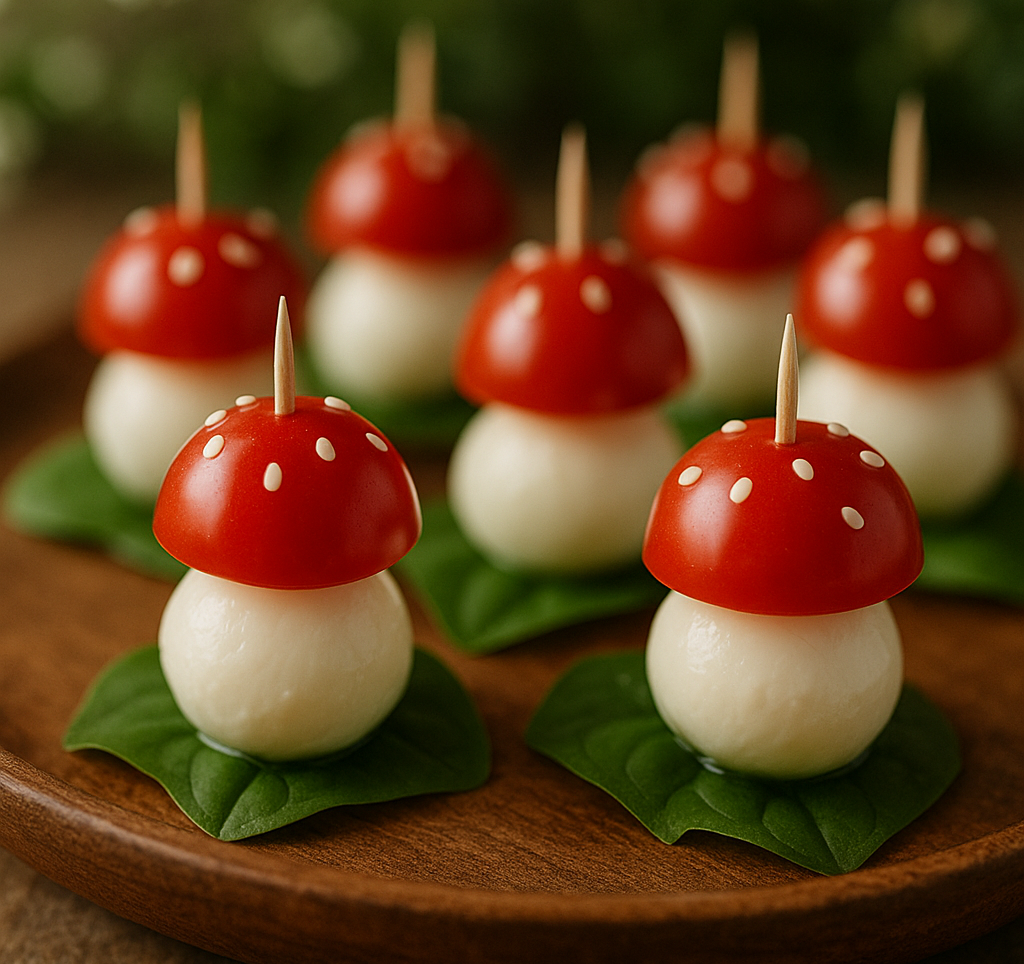 Close up image of multiple caprese toadstools made with tomato, mozzarella cheese, and a basil leaf on a round, wooden serving platter