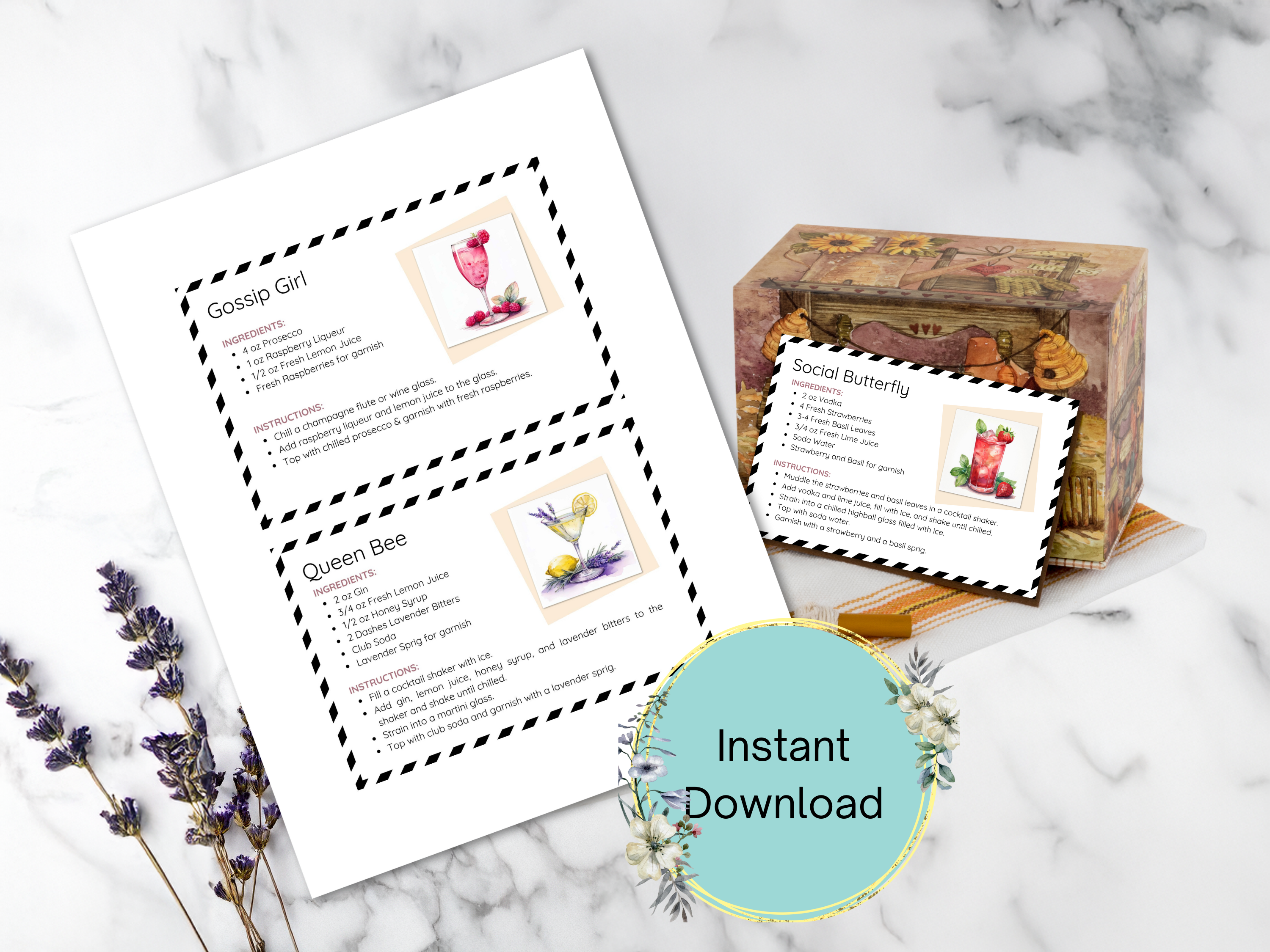 Featured image showing Girls Night Cocktail Recipe Cards: 6 Themed Recipe Ideas with Free Printable PDF Recipe Cards