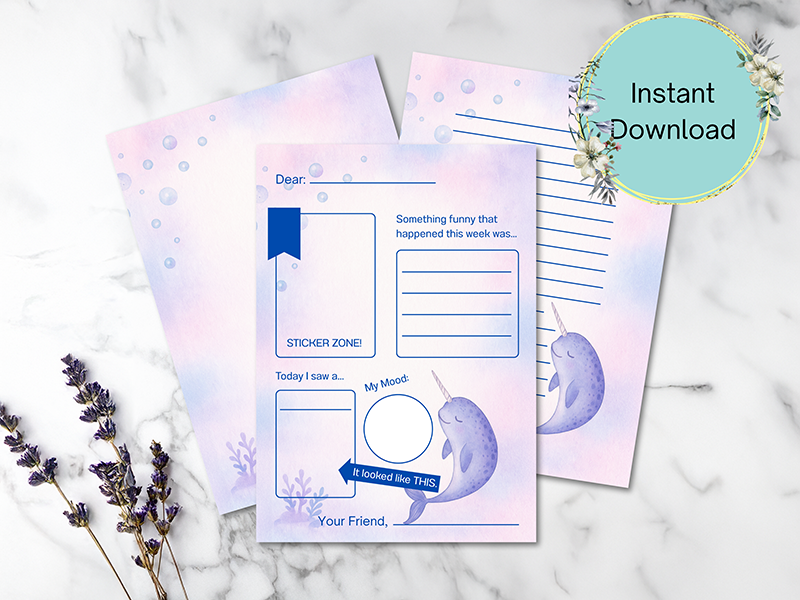 Under the Sea Pen Pal Stationery Set – Narwhal Printable for Kids with Letter Prompts & Journaling Pages