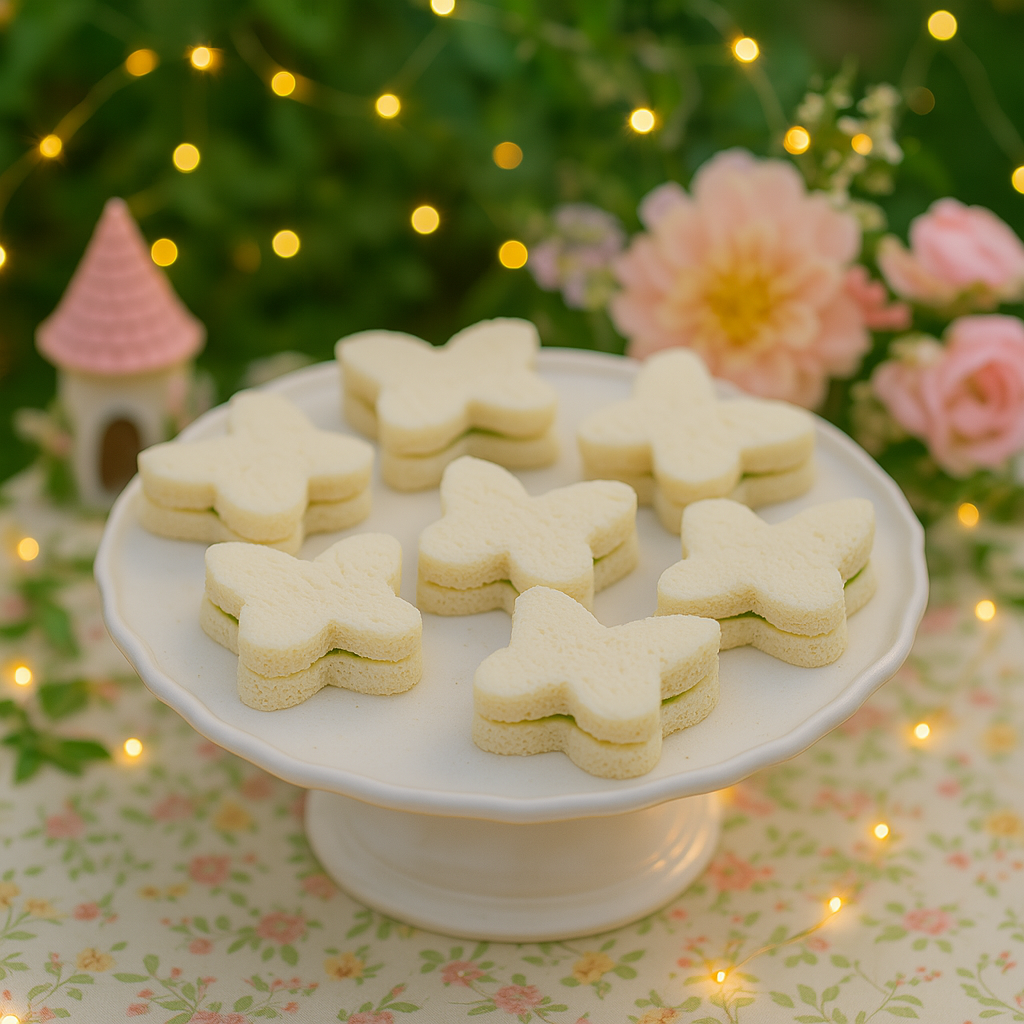 A porcelain serving dish filled with butterfly shaped sandwiches